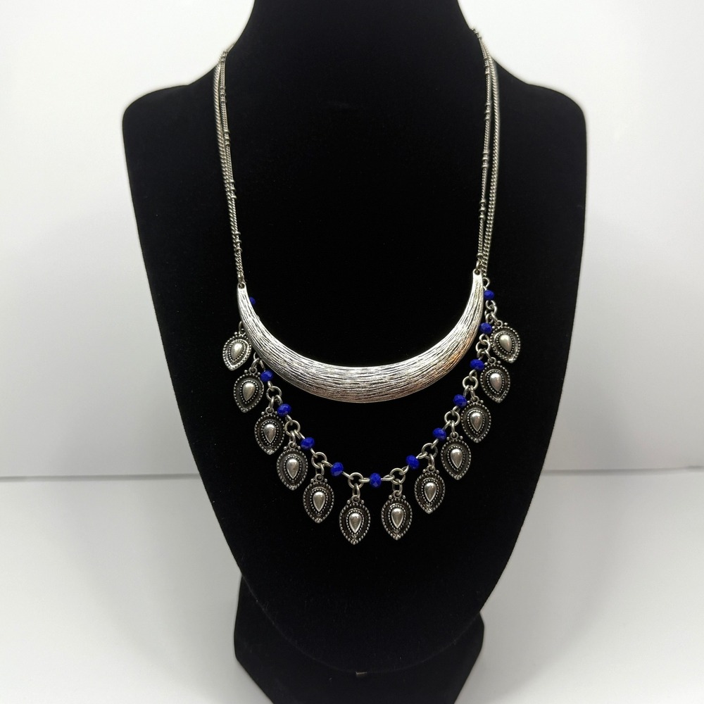 Crescent Charm Statement Bib Necklace Silver Tone Blue Beads Dangle Jewelry 10in